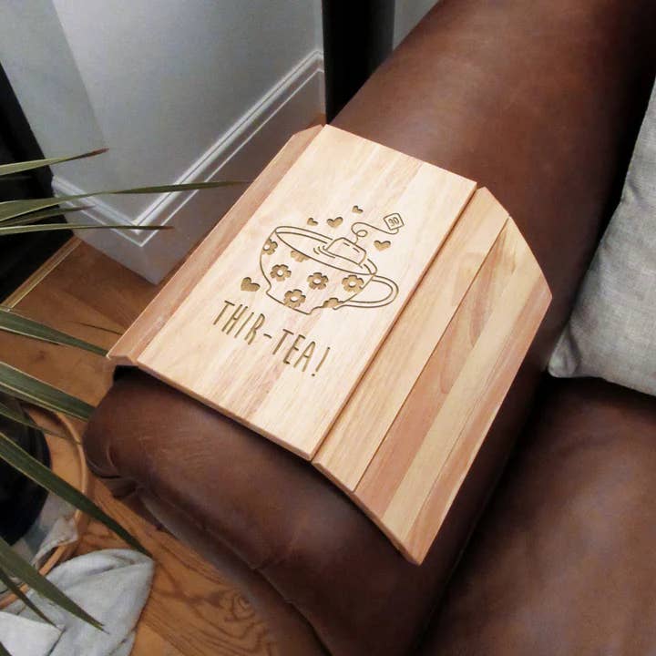 Wooden Flexible Sofa Tray "Thir-Tea" Flower Teacup Design for wholesale by eBuyGB Craft Blanks