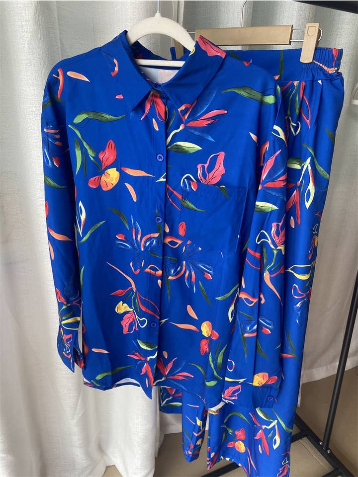 Stylish blue plant print shirt wide-leg pants casual set for wholesale on Faire