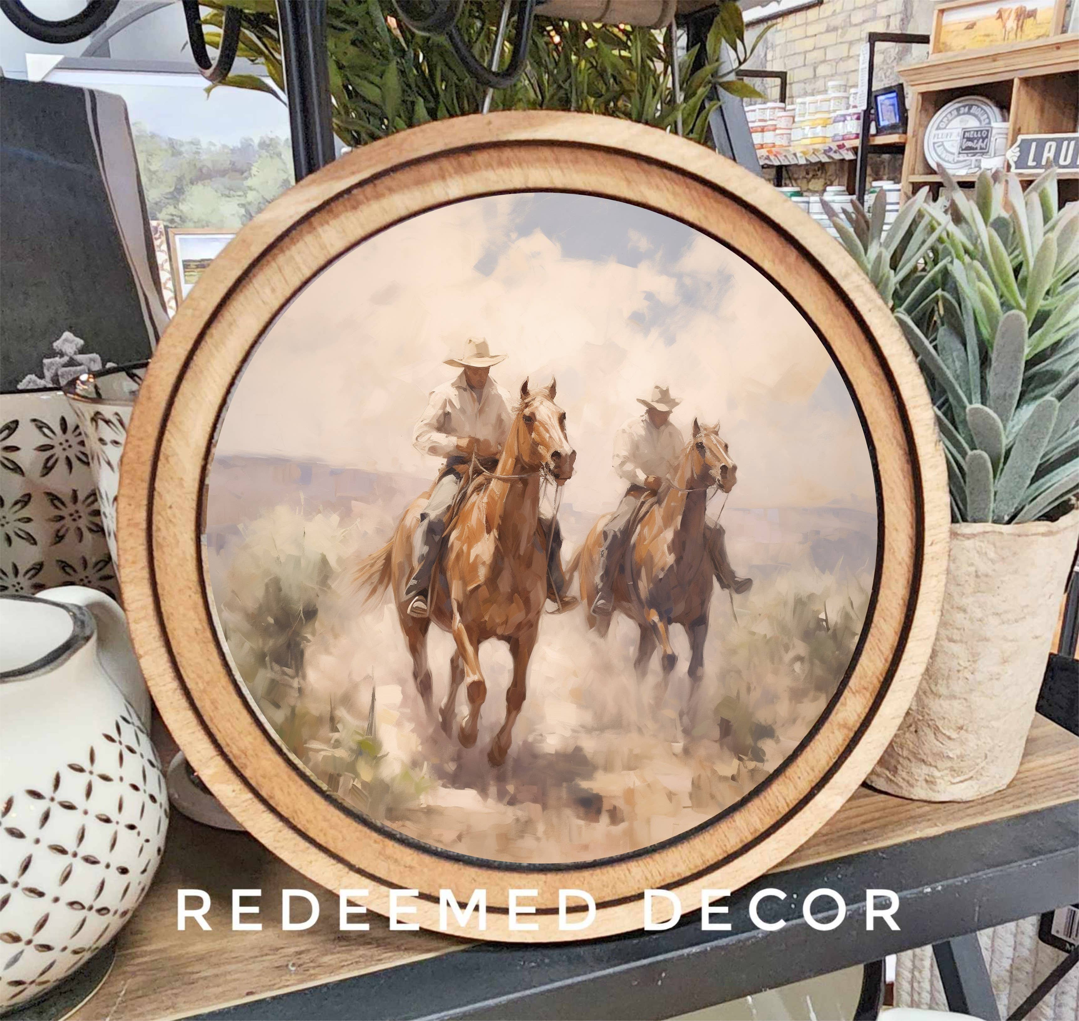 Rundes 20 cm Cowboys Kunstbild für den Großhandel von Redeemed Decor
