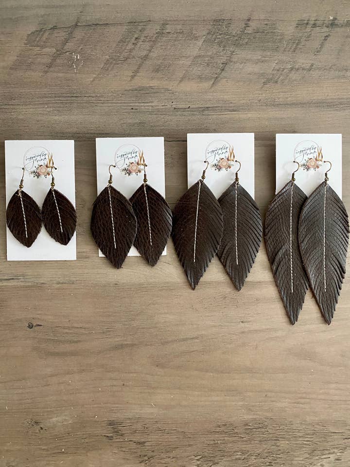 Dark Chocolate Leather Feather Earrings (4 sizes) for wholesale by Inspired by Jenna