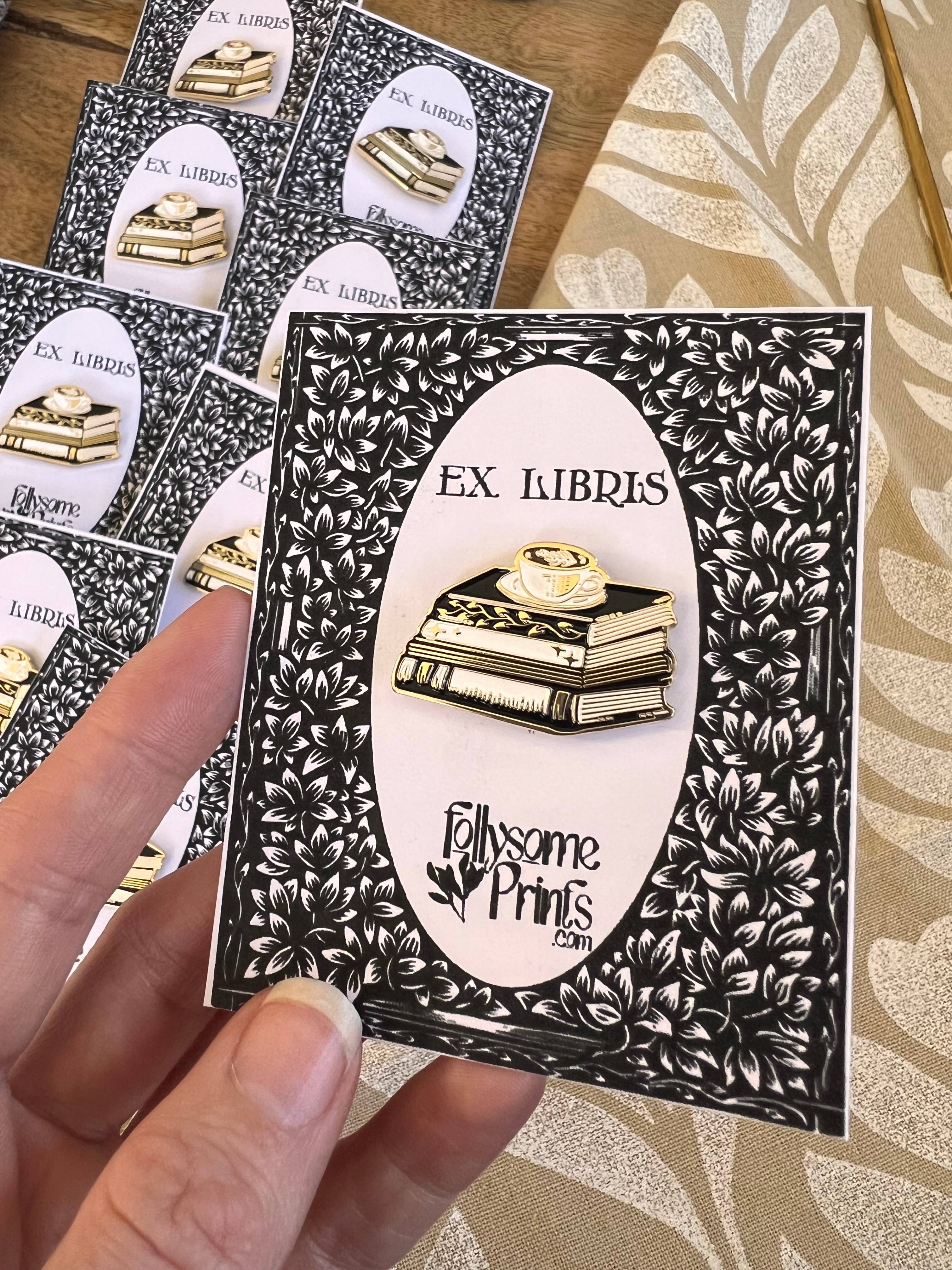 Follysome Prints - Wholesale Lapel Pin/Button - Books and Coffee Enamel Pin - Ex Libris2