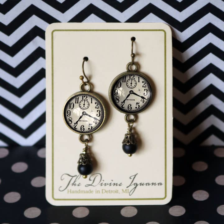 The Divine Iguana - Wholesale Dangle Earrings - Edwardian Clock Steampunk Glass Cabochon and Bronze Earrings