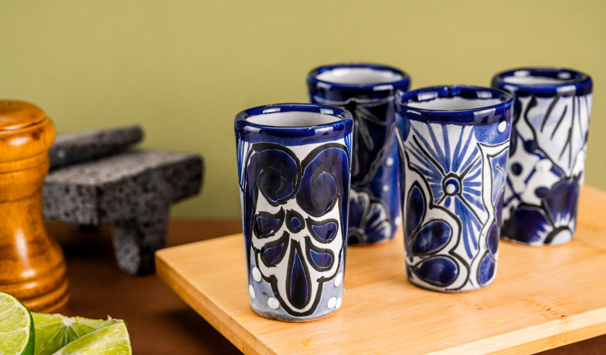 MEXTEQUIL - Wholesale Shot Glass - Talavera Shot Glass Set with Salt Dish & Tray - 2 Oz -Blue9