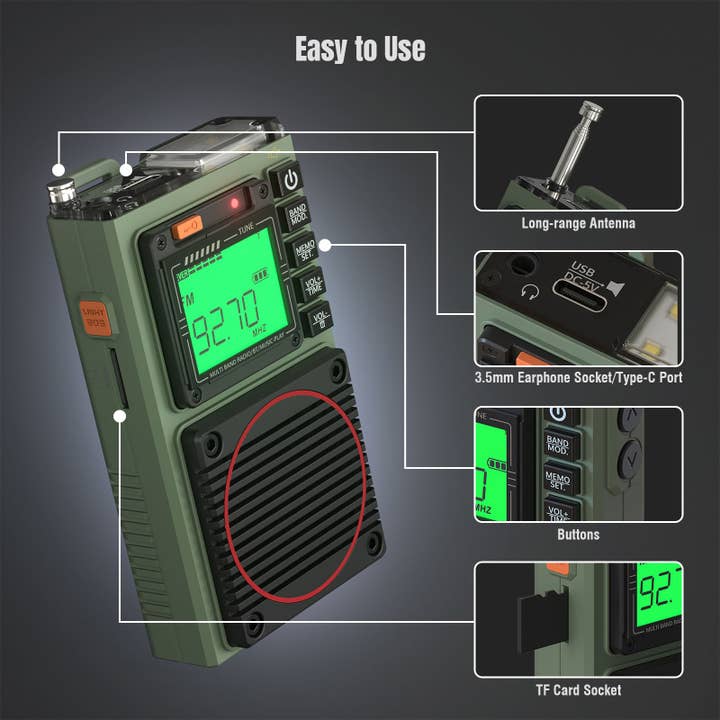 Radioddity - Wholesale Speakers - Raddy RF75A Shortwave Radio | Bluetooth 5.0 APP Control | FM AM VHF SW WB | Type-C Charging | SOS Flashlight