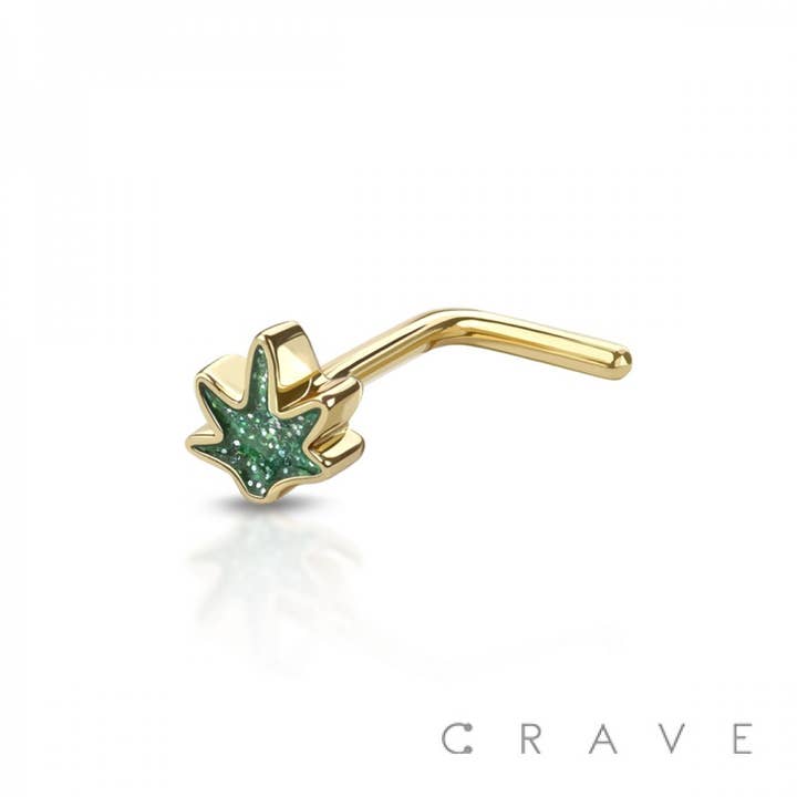 CRAVE BODY JEWELRY - Wholesale Nose Ring - GLITTER CANNABIS POT LEAF 316L SS NOSE "L" BEND SHAPE