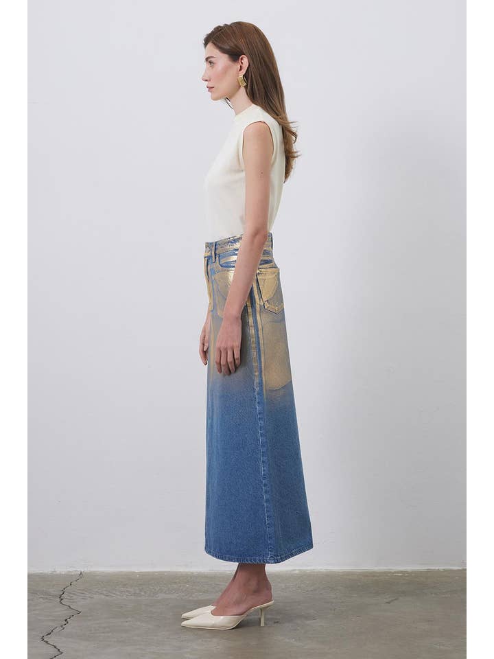 Kadriye Baştürk - Wholesale Skirt - Women's - Bright Printed Denim Pencil Skirt Gold