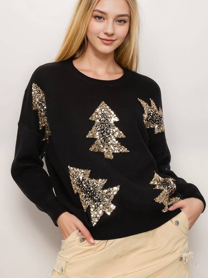 Black 11134L108I - MISSY PACK - X MAS TREE SEQUINS SWETAER for wholesale on Faire