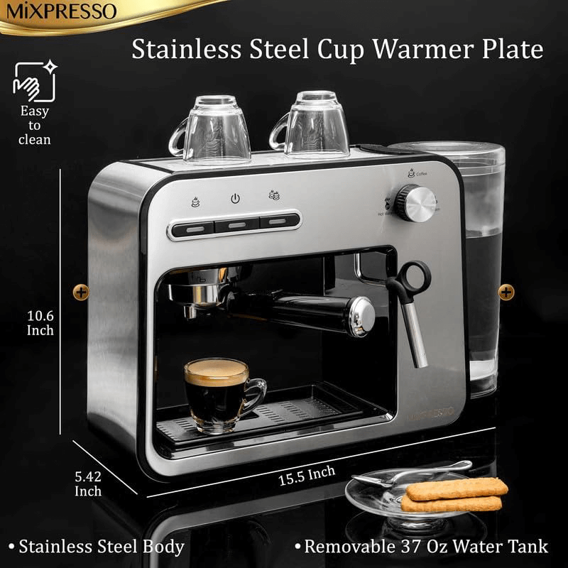 Mixpresso - Wholesale Espresso Maker - Mixpresso Professional Espresso Machine for Home 15 Bar with Milk Frother Steam Wand, Espresso Maker with Double-Cup Splitter, 1450w Fast Heating Cappuccino & Latte machine 37Oz Water Tank2
