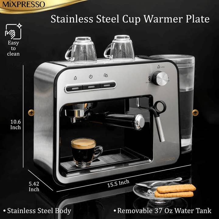 Mixpresso - Wholesale Espresso Maker - Mixpresso Professional Espresso Machine for Home 15 Bar with Milk Frother Steam Wand, Espresso Maker with Double-Cup Splitter, 1450w Fast Heating Cappuccino & Latte machine 37Oz Water Tank2