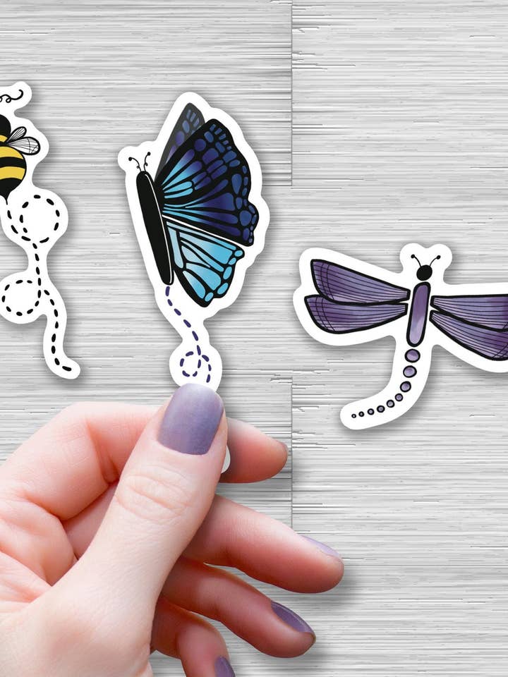 Mini Nature Sticker Set – Bees, Dragonfly, Butterfly, 3 for wholesale by Beth Ann Erickson Designs