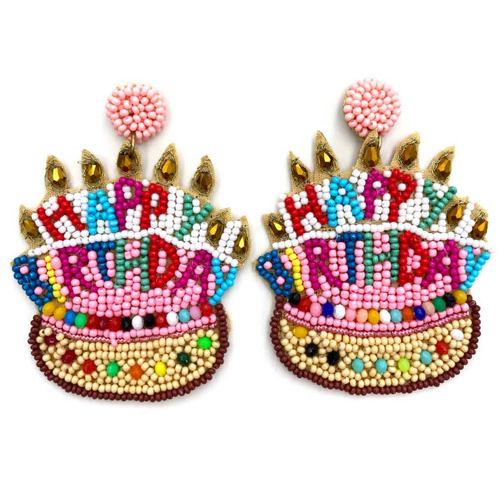 Boucles d'oreilles pendantes Happy Birthday Cake avec perles de pour la vente par Lunar Deer