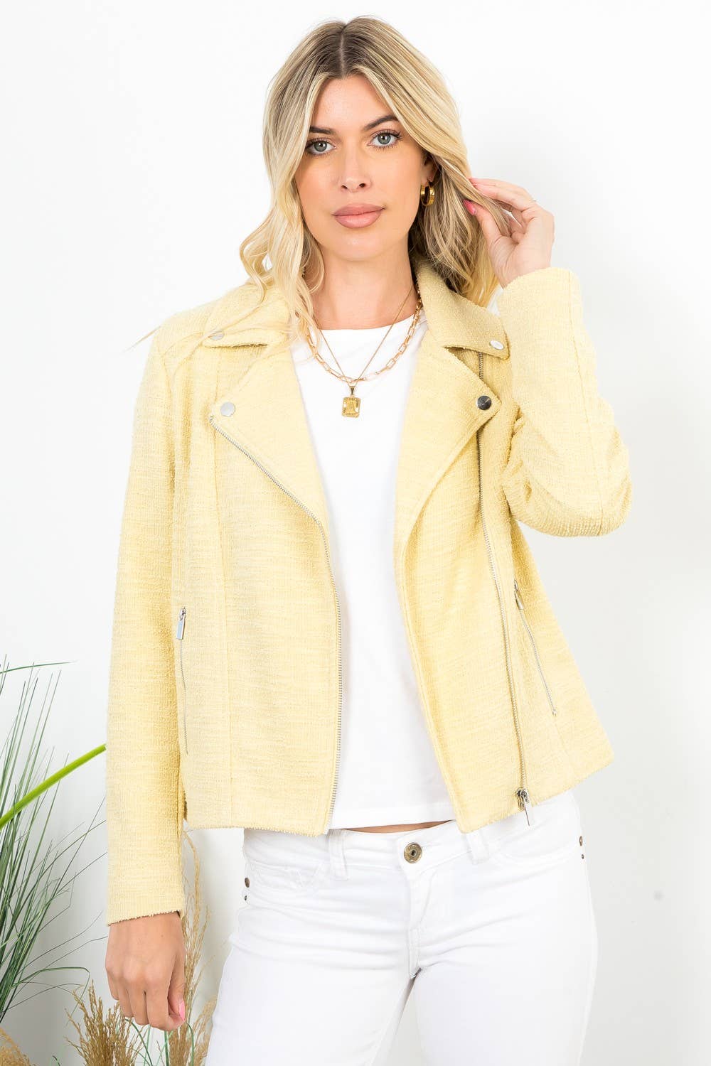 26 International - Wholesale Jacket - Women's - Solid Boucle Long Sleeve Moto Jacket3