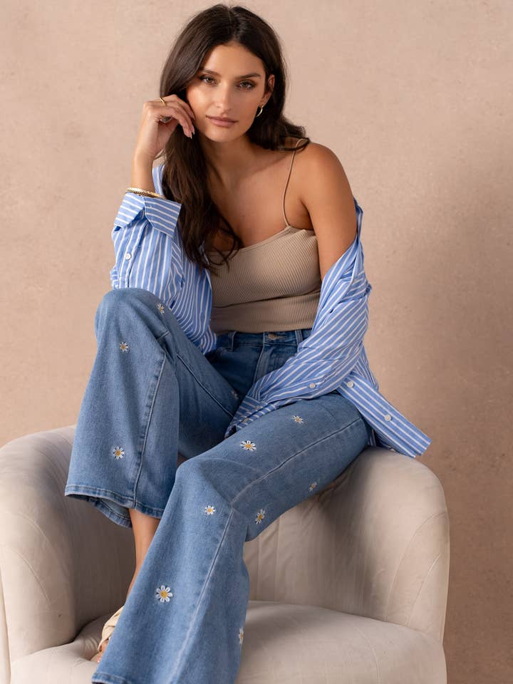 Wide leg jeans with floral embroidery for wholesale by Vivid