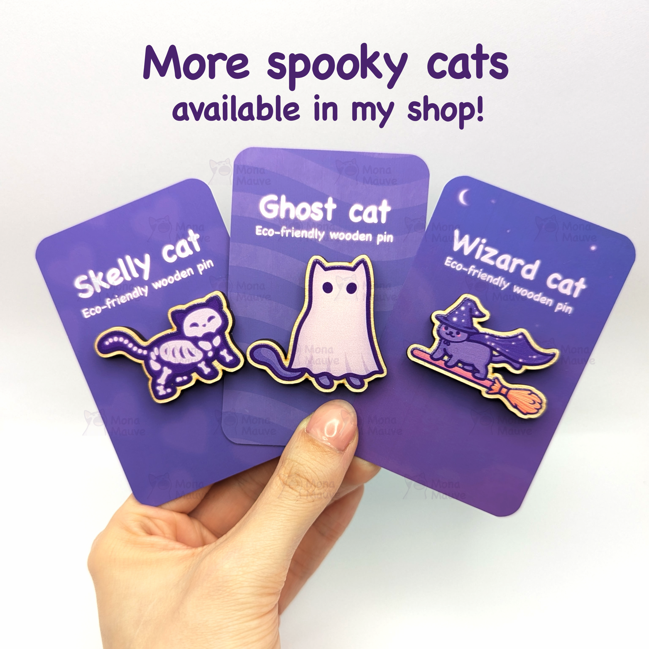 Mona Mauve • Silly Art! – wholesale Lapel pin/button – Skelly Cat Pin Badge | Cute Halloween Wooden Pin2