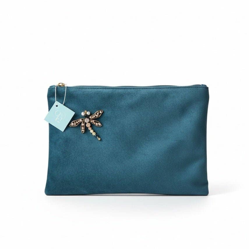 OE! - Wholesale Clutch Bag - Women's - LIBELLULA - Handmade Petrol Blue Velvet Clutch Made in Italy with Detachable Dragonfly Brooch2