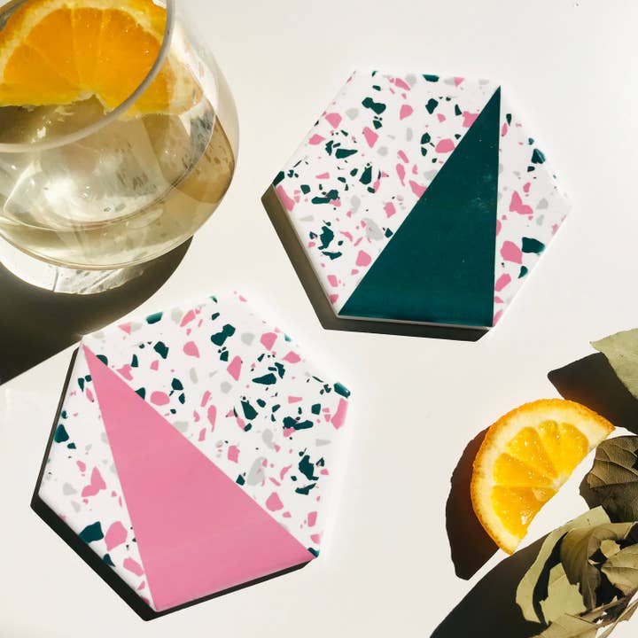 Pink Green Terrazzo Style Hexagon Coasters for wholesale by The Abstract Bee