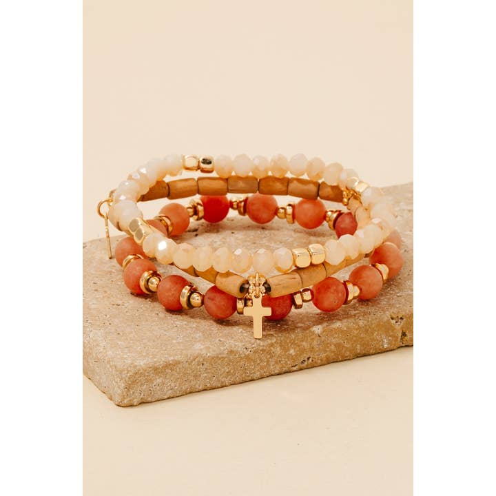 Anarchy Street - Wholesale Beaded Bracelet - Cross Charm Wood Stone And Glass Beaded Bracelet Set