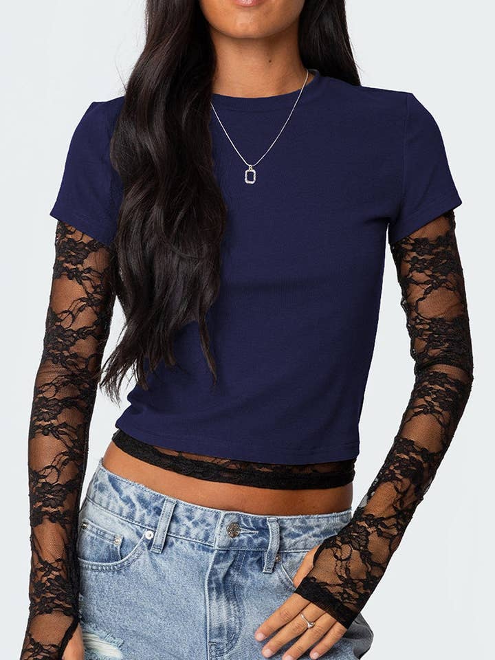 Lace Sleeve Fitted Tee for wholesale by Mccolin