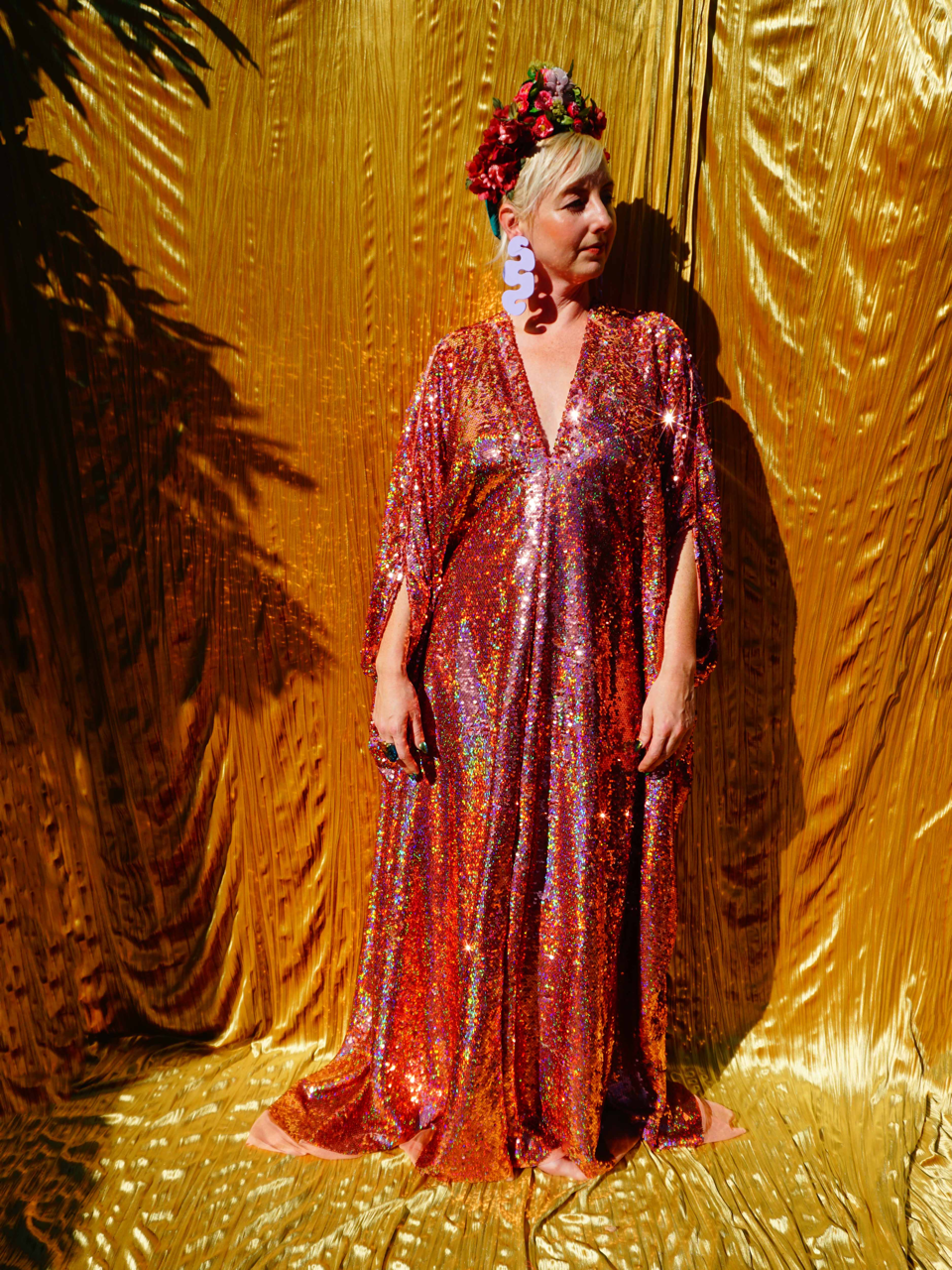 Fumbalinas – wholesale Kaftan – Women's – Rose Gold Holographic Sequin V-neck Kaftan Gown8