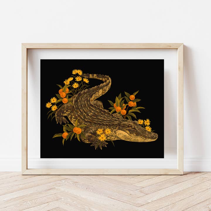 Alligator Florida Floral Orange Swamp Art Print for wholesale by Cailee Corbett