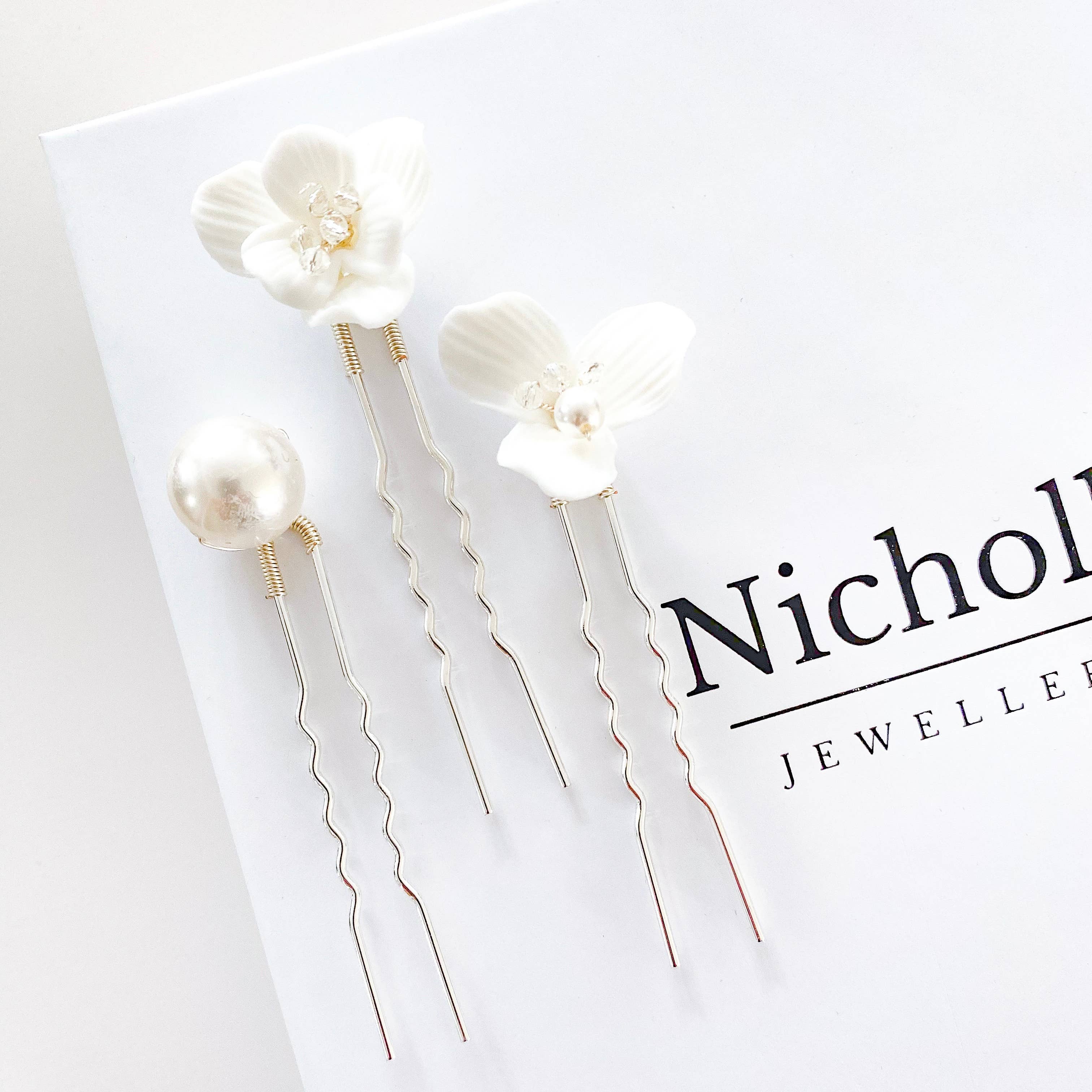 Nicholls Jewellery - Wholesale Hair Pin - Porcelain Flower and Pearl 6 pin set5