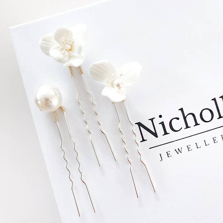 Nicholls Jewellery - Wholesale Hair Pin - Porcelain Flower and Pearl 6 pin set5