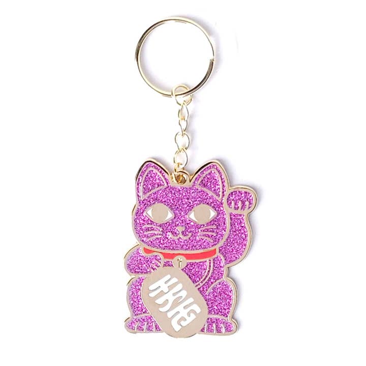 Maneki Neko Keychain - Pink Glitter Lucky Cat for wholesale by Studio Inktvis