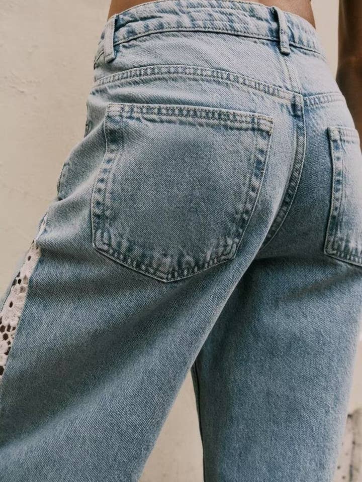 Picture Color Women Clothing Spring Autumn Crochet Stitching High Waist Wide Leg Jeans for wholesale on Faire2