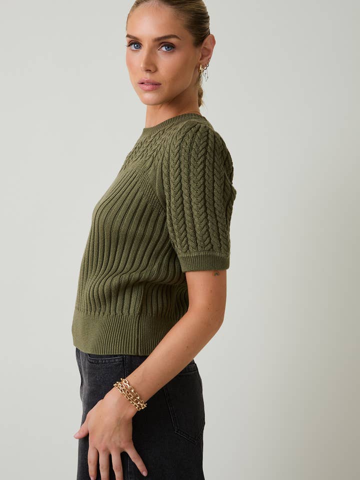 Sunday Edition by LE LIS - Wholesale Knit Sweater - Women's - ROUND NECK PUFF SHORT SLEEVE CABLE SWEATER9
