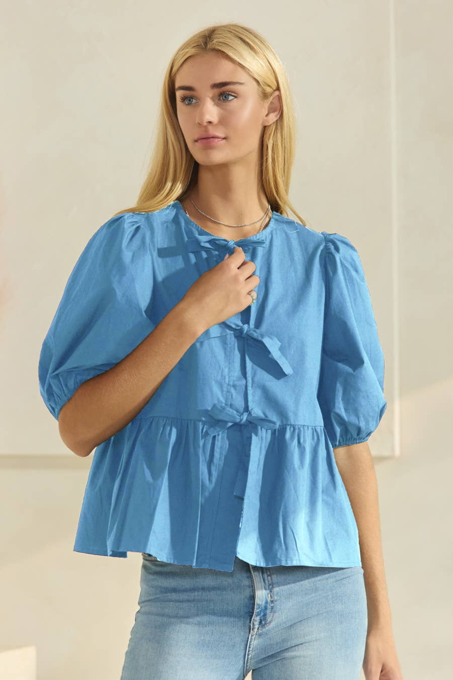 Oddi - Vente Chemisier – femme - Blouse en popeline de coton unie avec ruban à nouer sur le devant6