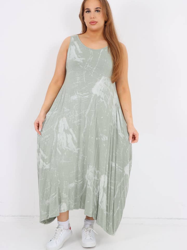 Vestito lungo senza maniche in jersey con stampa tie-dye italiana per la vendita all'ingrosso da parte di Miss Bold