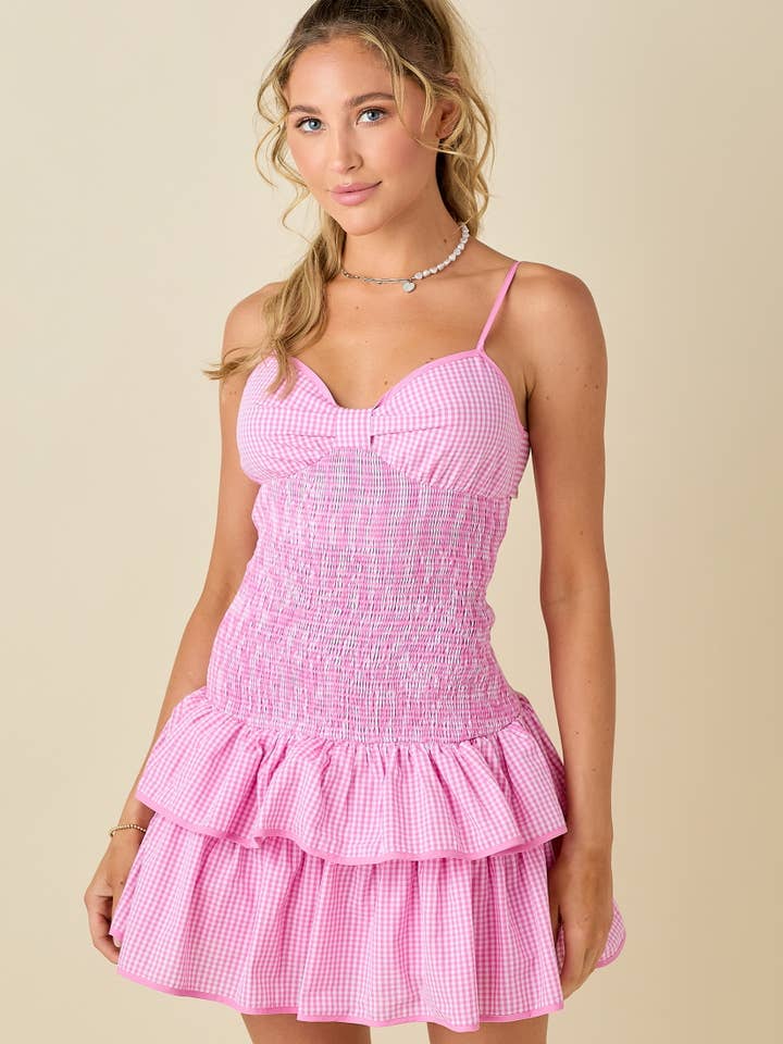 PINK Gingham mini dress with tied back for wholesale on Faire