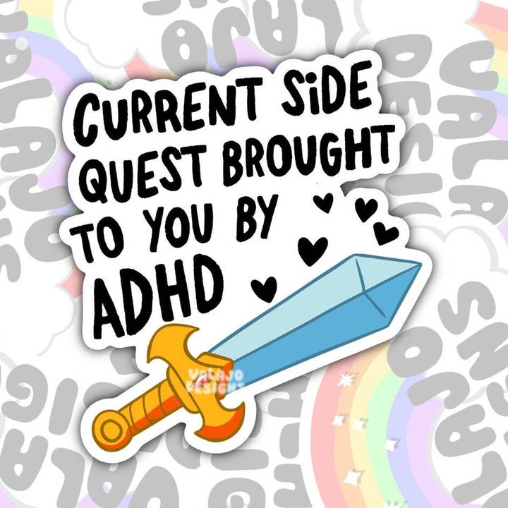 Quête secondaire actuelle présentée par TDAH, Autocollant imperméable pour la vente par Valajo Designs