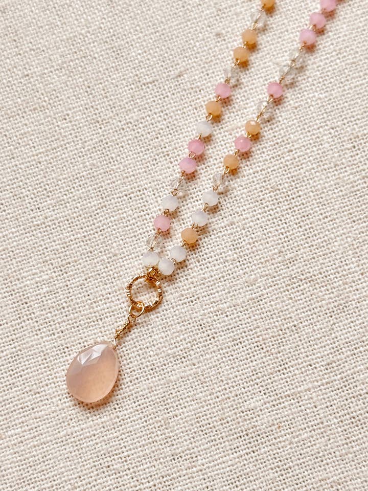 Pink Sorbet Crystal Link Chain Chalcedony Pendant Necklace for wholesale by Gracie Rose Designs