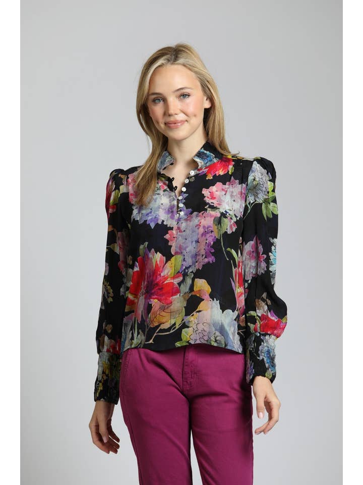 MULTI Colorful Painted Bloom Print - Puff Sleeve Blouse With Ruched Detail for wholesale on Faire
