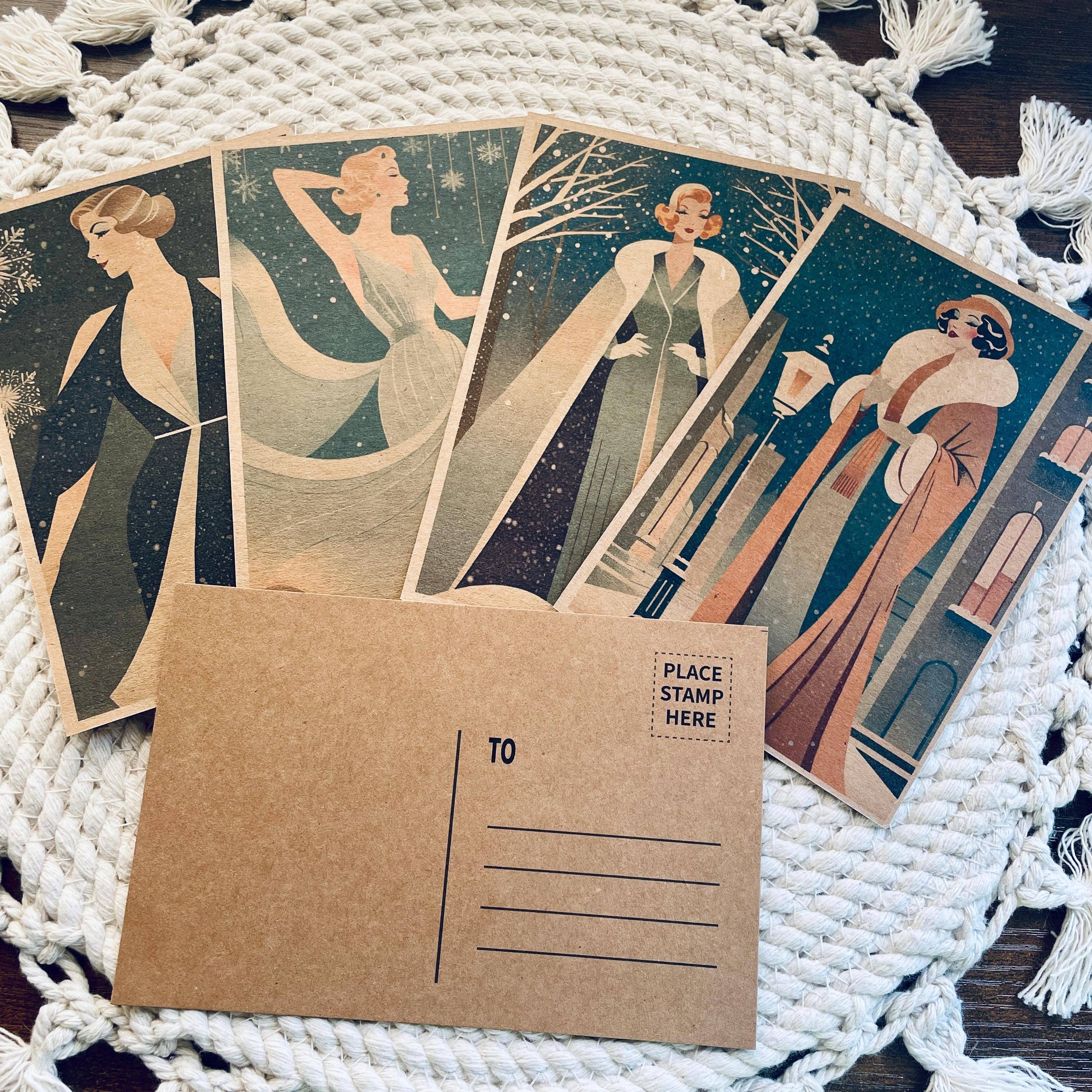 Cryptic Paper Co. - Vente Assortiment de cartes postales - Ensemble de 4 cartes postales de Noël Art déco hiver Kraft 10x15 cm3