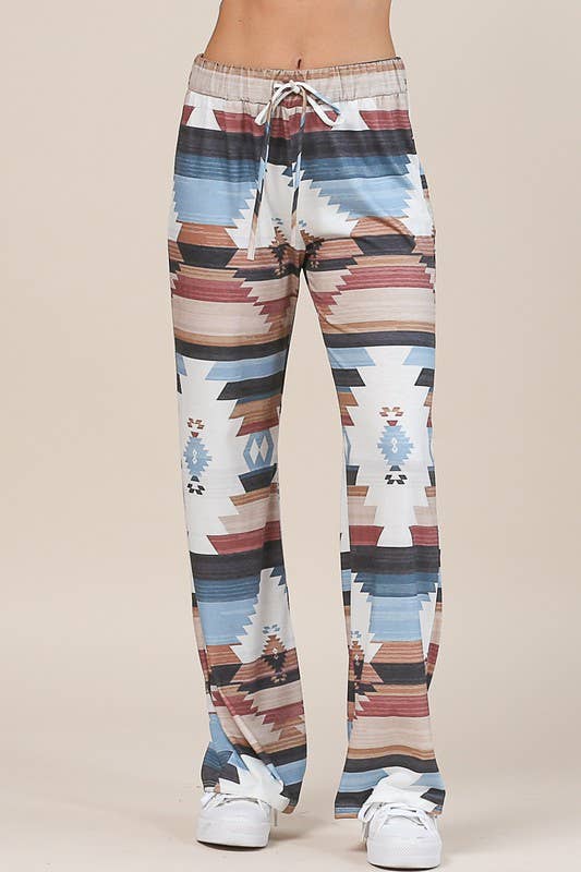 MOCHA BLUE AV1044-SELENA AZTEC PRINT RELAXED PANTS for wholesale on Faire2