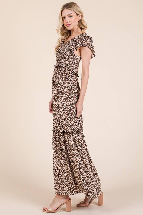 Leopard Print Ruffle Sleeve Tiered Maxi Dress for wholesale on Faire8