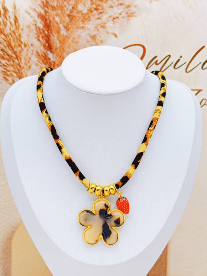 Leopard Necklace with Resin Flower and Steel Strawberry Charm for wholesale by COSMOS