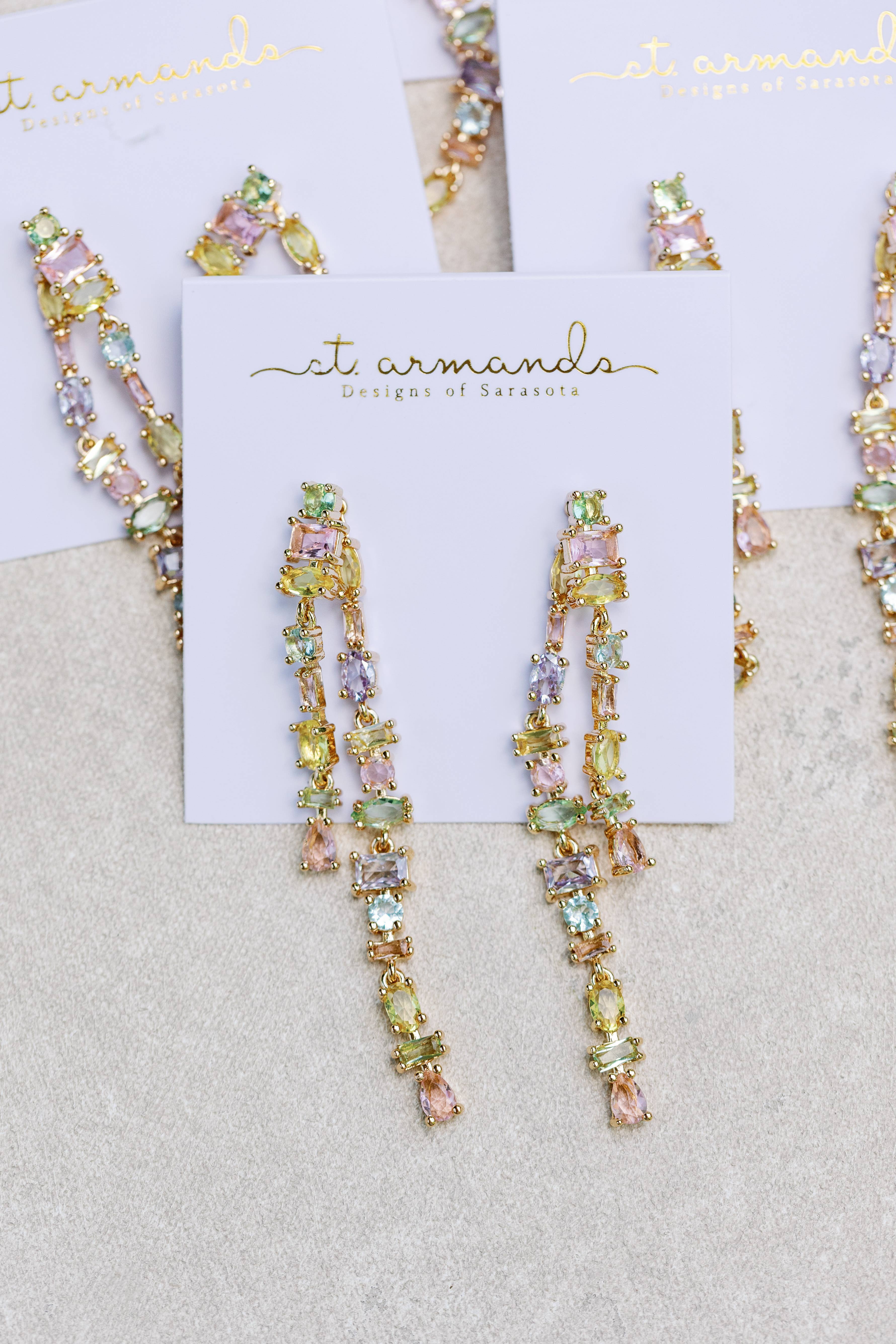 St Armands Designs of Sarasota – wholesale Dangle earrings – Pastel Toned Crystal Layered Duster Statement Earrings 2