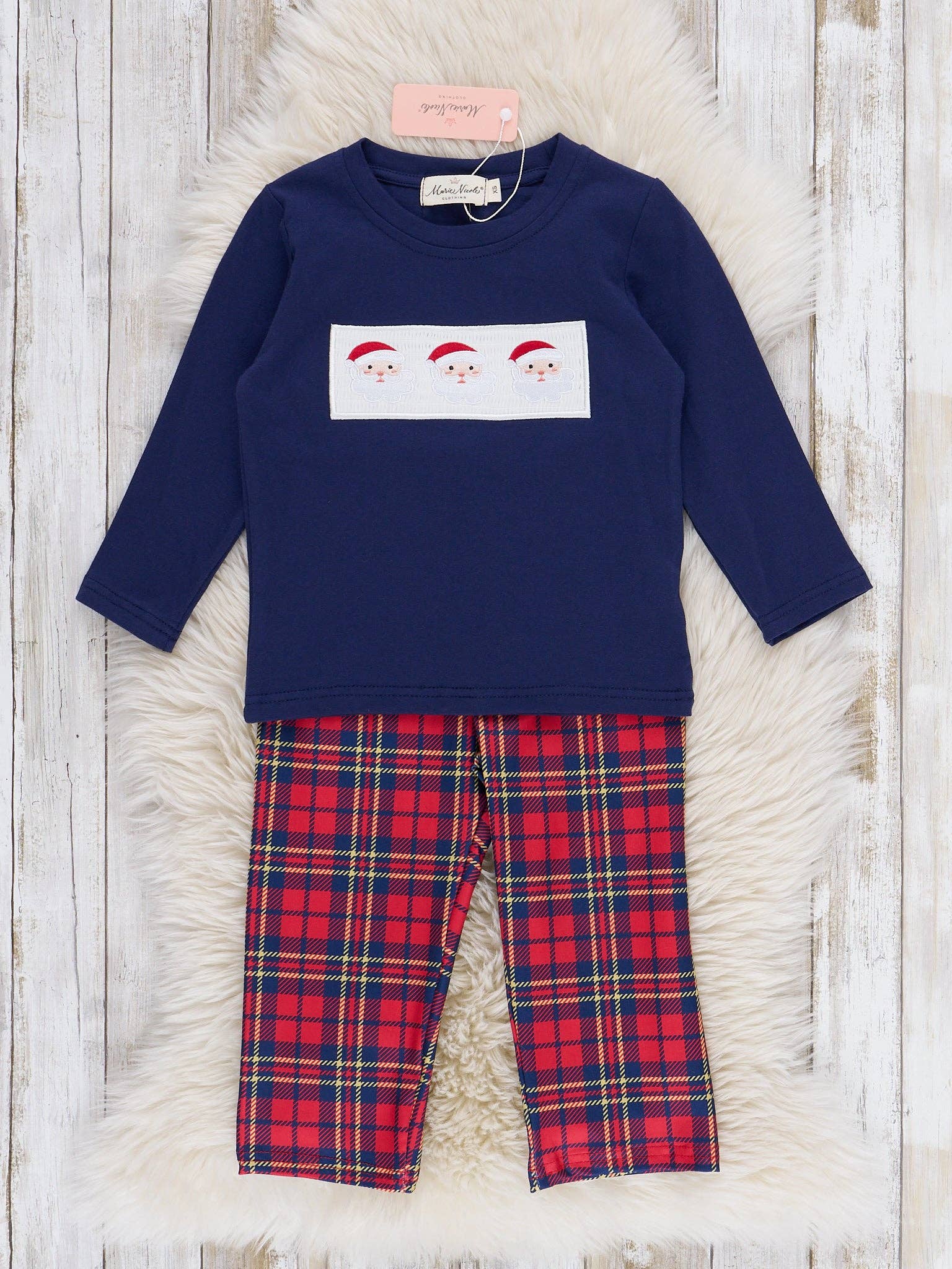 Marie Nicole Clothing - Wholesale Top & Pant Set - Kids - Holiday Plaid Smocked Santa Outfit