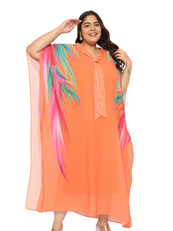 Georgette Orange Leaf Women Kaftan Dress for wholesale by GYPSIE BLU