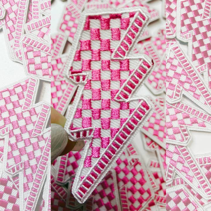 TEELUX - Wholesale Patch - 2.5” Checkered Lightning - PINK - Embroidered Hat Patch1