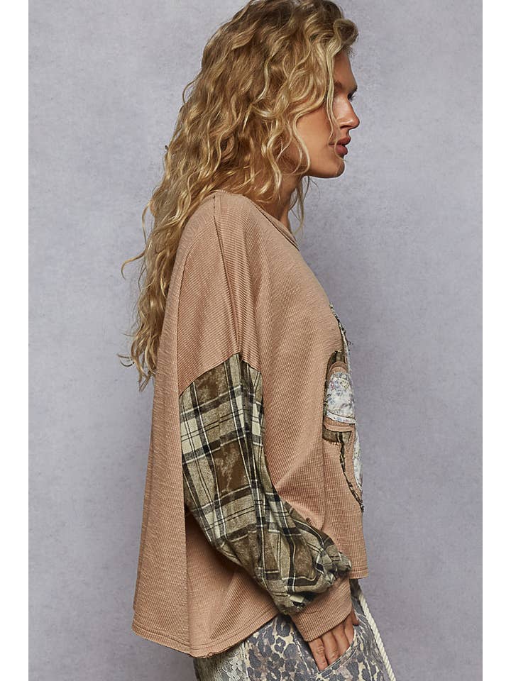 Pol Clothing - Wholesale Knit Top - Women's - Round neck plaid sleeve floral print top in rib SALE