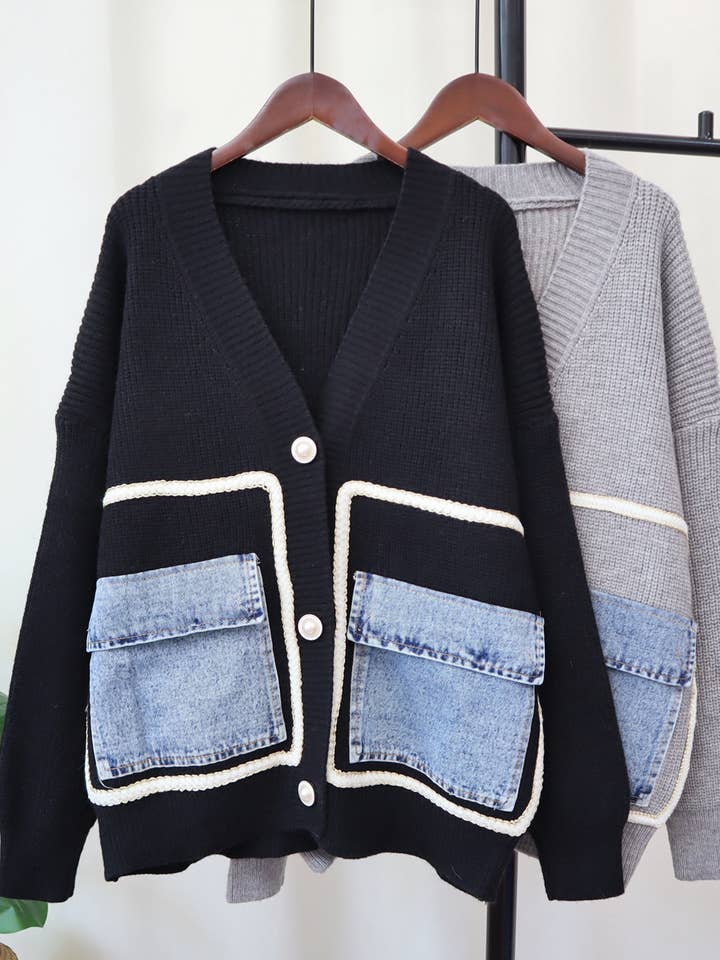 HIDDENBRAND - Wholesale Cardigan - Women's - Elegance Vintage Denim Pockets Sweater Cardigan5