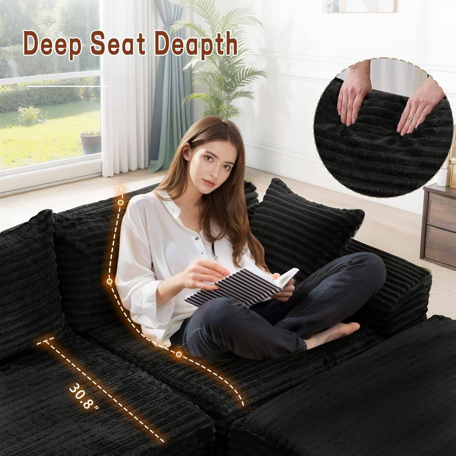 Jet Black 108 Inch L Shape Modular Sectional Sofa Corduroy Fabric For Living Room Comfort Everyday for wholesale on Faire3