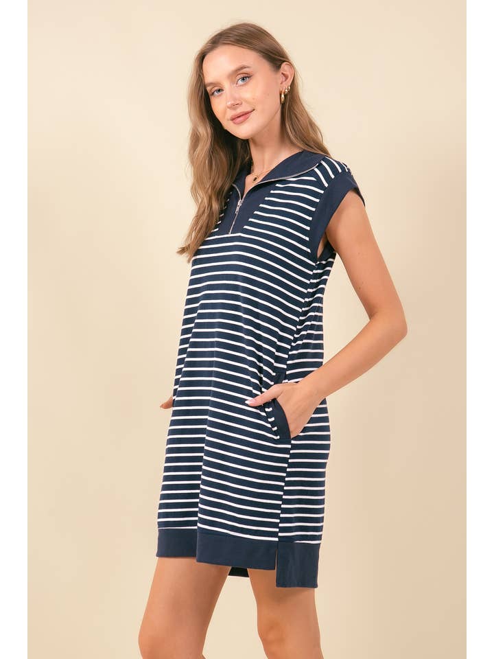Doe and Rae - Wholesale Dress - Women's - STRIPED FRENCH MINI DRESS W/ SIDE POCKETS - 27871D2