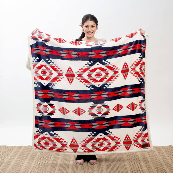 Carstens, Inc. - Wholesale Throw Blanket - Wrangler® Red, White, and Blue Southwest Plush Sherpa Throw