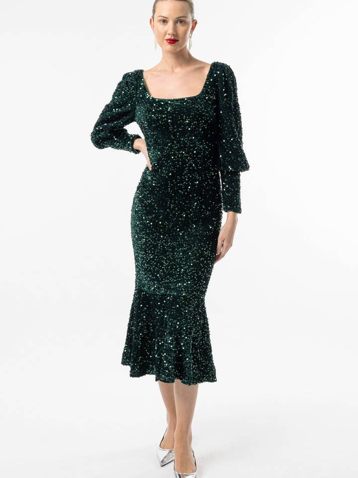 ANGELEYE – wholesale Dress – Women's – Sequin Velvet Bodycon Long Sleeve Evening Dress In Green4
