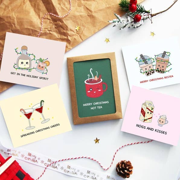 Holiday Drinks Boxed Set Variety Pack of 5 Greeting Cards for wholesale by Angel + Hare